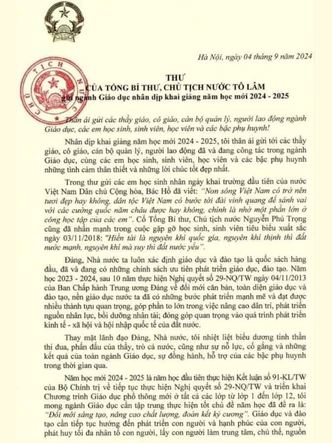 Thư chủ tịch nước gửi ngày khai giảng 2024 - 2025