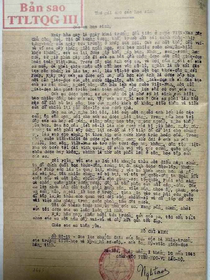 Thư Bác Hồ gửi cho học sinh nhân ngày khai trường đầu tiên 1945 - 1946