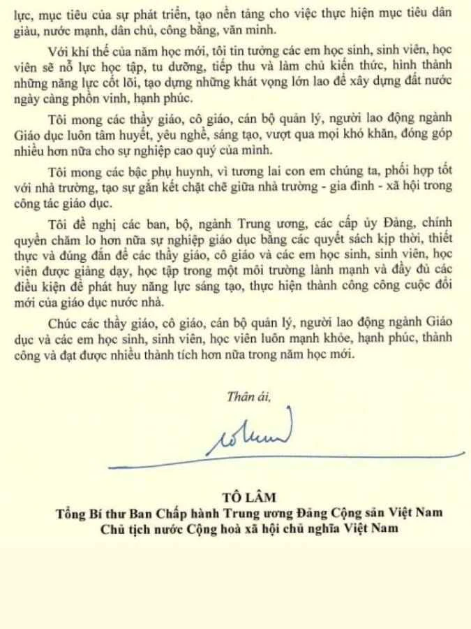 Thư chủ tịch nước gửi khai giảng 2024 - 2025