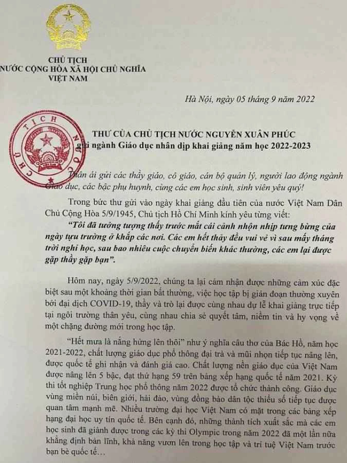 Thư chủ tịch nước gửi ngày khai giảng 2022 - 2023