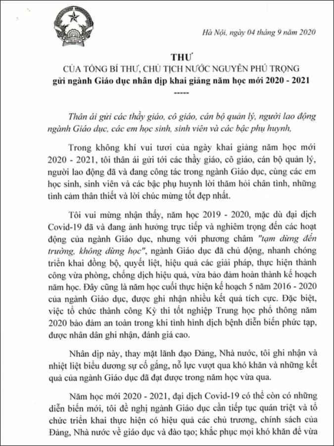 Thư chủ tịch nước gửi ngày khai giảng 2020 - 2021