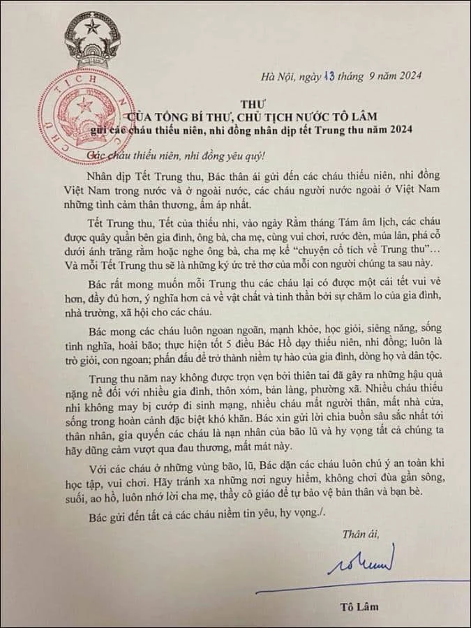 Thư chúc Tết Trung thu Chủ tịch nước 2024