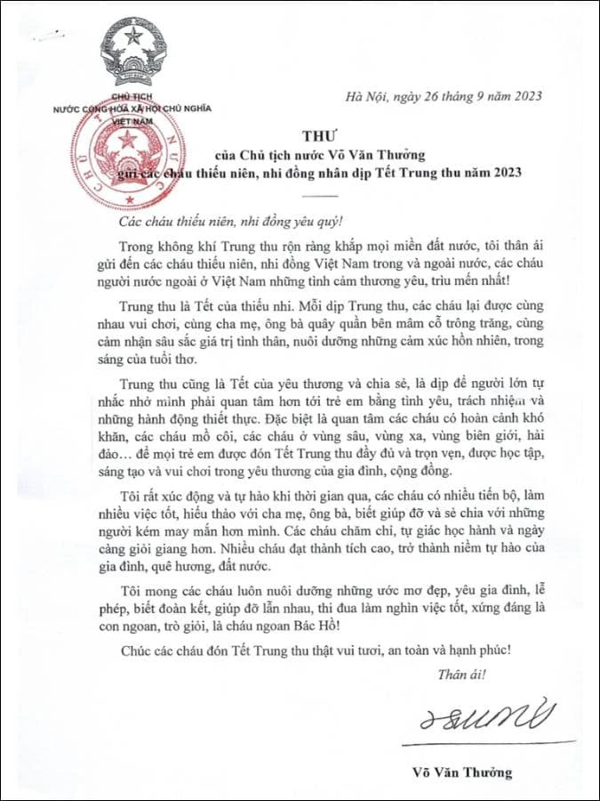 Thư chúc Tết Trung thu Chủ tịch nước 2023