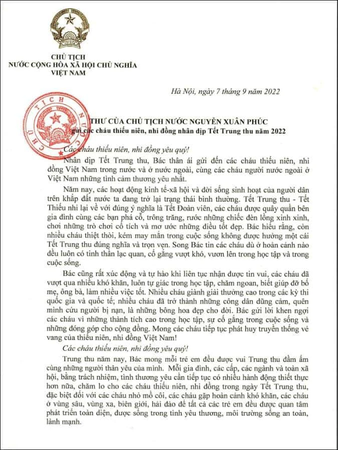 Thư chúc Tết Trung thu Chủ tịch nước 2022