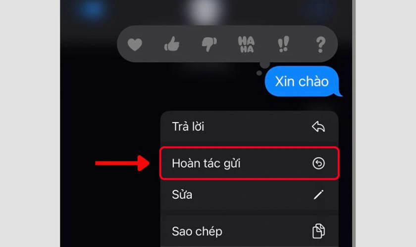 Chọn “Hoàn tác gửi” để thu hồi tin nhắn iMessage