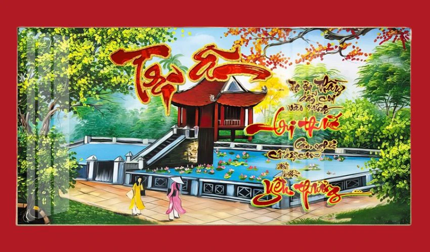 Tranh thư pháp Tri ân kết hợp nền Quốc Tử GIám