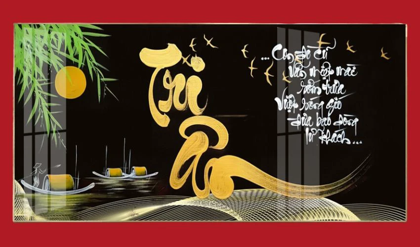 Tranh chữ Tri ân thư pháp nền đen đẹp mắt