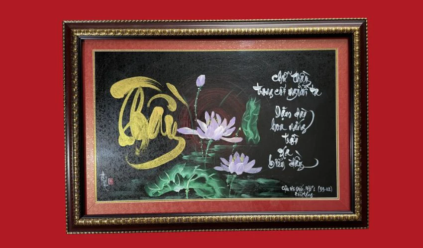 Thư pháp Thầy kết hợp hoa sen đẹp
