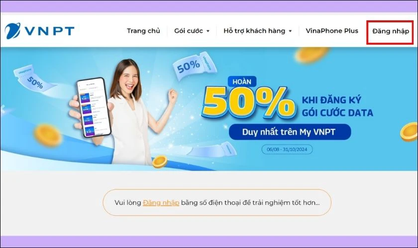 Kiểm tra dung lượng 4G của nhà mạng VinaPhone qua website