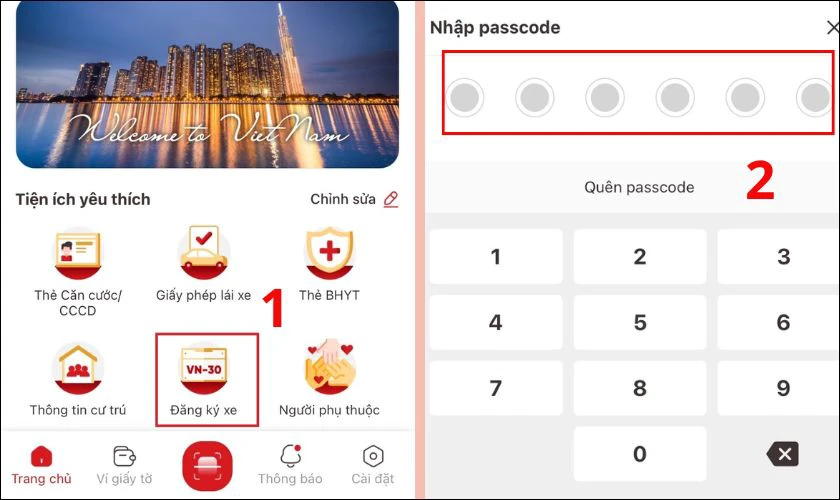 Tại trang chủ ứng dụng, bạn chọn mục Đăng ký xe và tiến hành tích hợp sau khi đã nhập Passcode