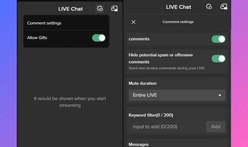Giao diện phần live chat