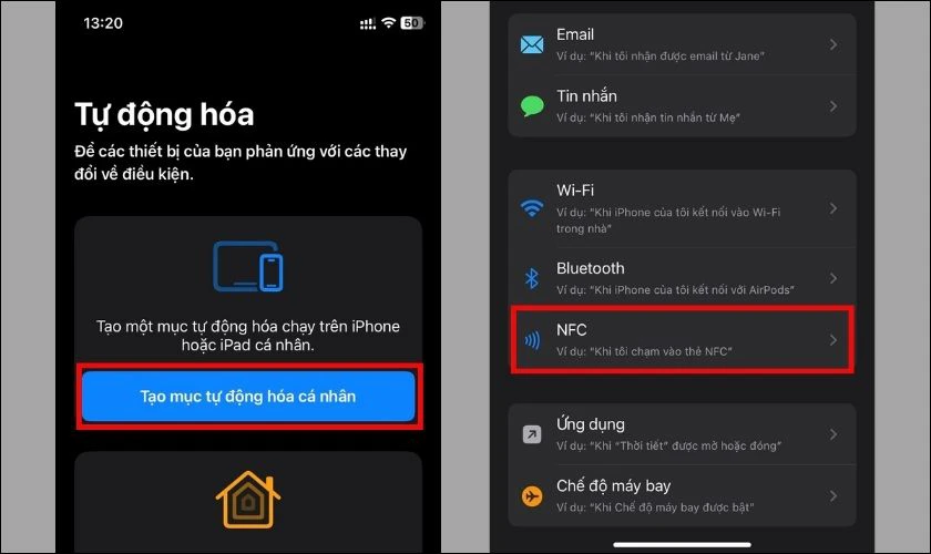 Chọn Tạo mục tự động hóa cá nhân để vào NFC trên iPhone