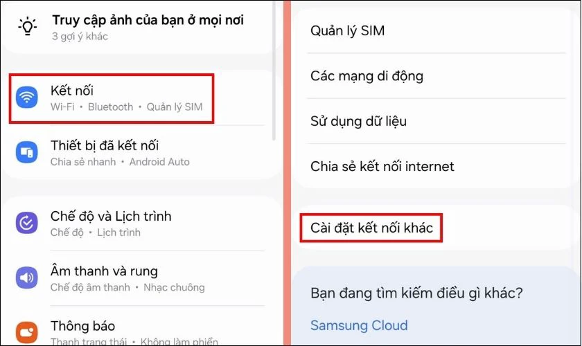 Chọn vào phần Kết nối, tiếp tục chọn vào Cài đặt kết nối khác
