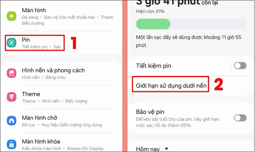 Chọn vào mục Giới hạn sử dụng dưới nền