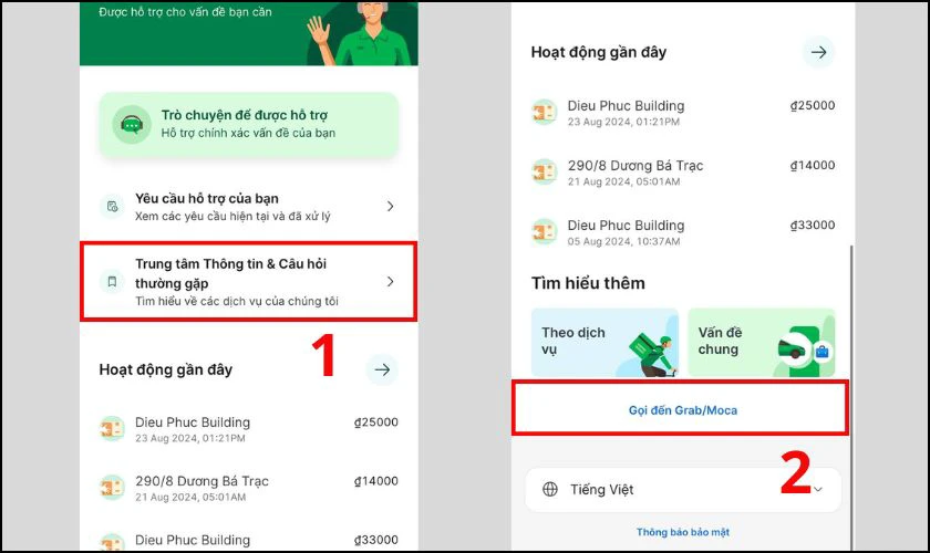 Gọi Grab hoặc Moca