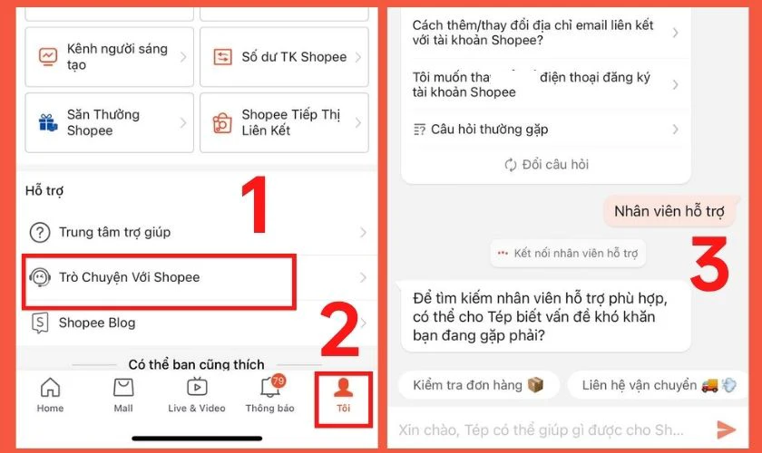 Trò chuyện trực tuyến với nhân viên Shopee