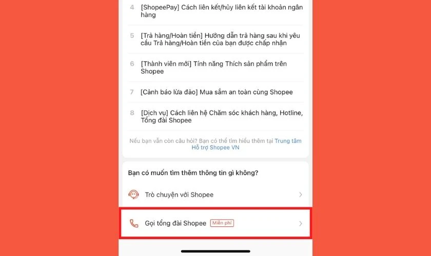 Chọn Gọi tổng đài Shopee (miễn phí)