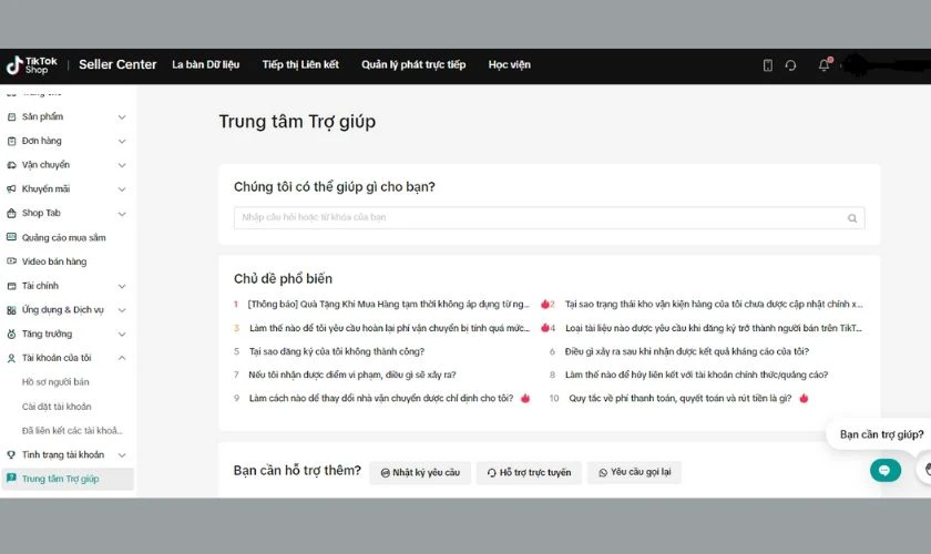 Cách liên hệ tổng đài TikTok Seller qua Trung tâm trợ giúp