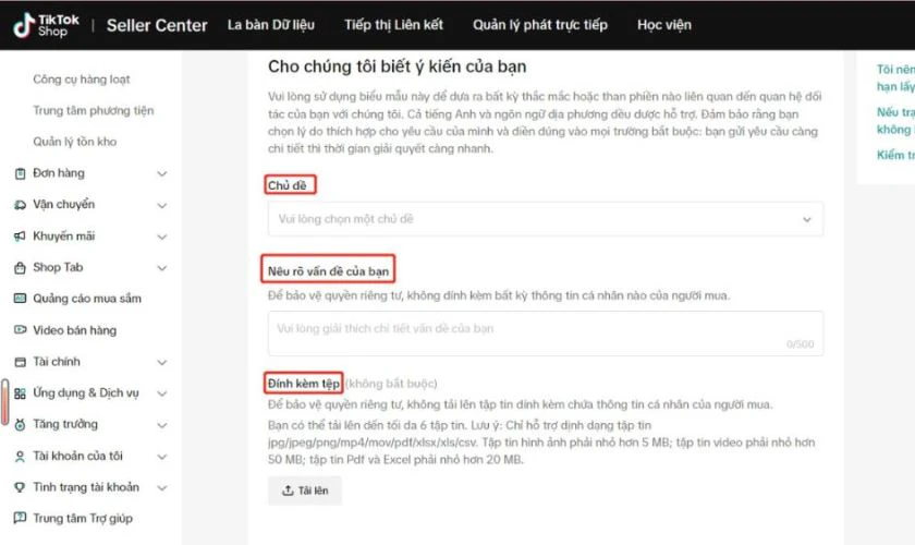 Cách liên hệ tổng đài TikTok Seller qua Nhật ký yêu cầu