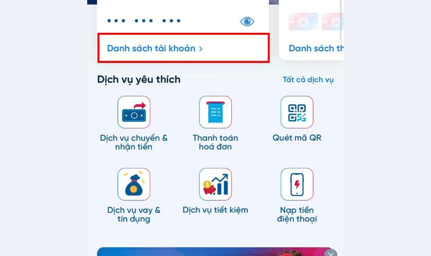 Chọn "Danh sách tài khoản" tại giao diện chính