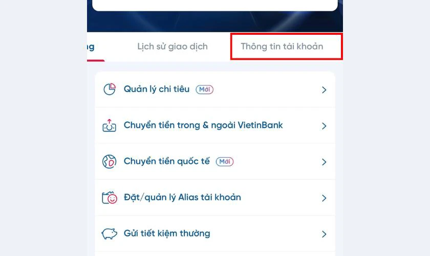 Chọn "Thông tin tài khoản" để xem thông tin chi nhánh
