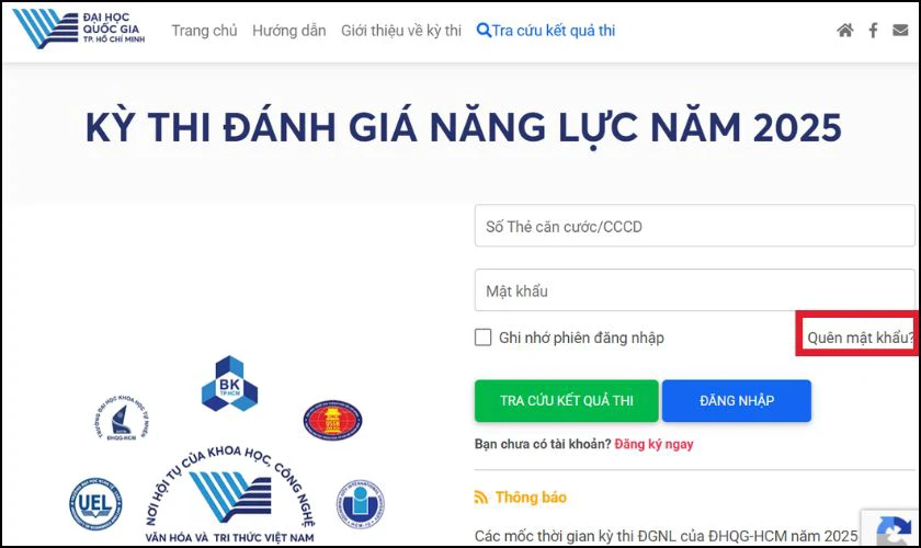 Quên mật khẩu khi tra cứu điểm ĐGNL 2025 phải làm sao?