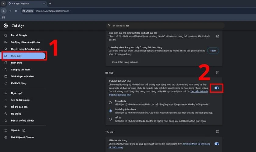 Bật tính năng Memory Saver