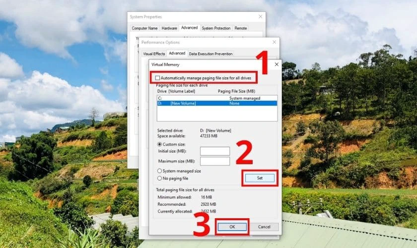 Bỏ chọn mục Automatically manage paging file size for all drives