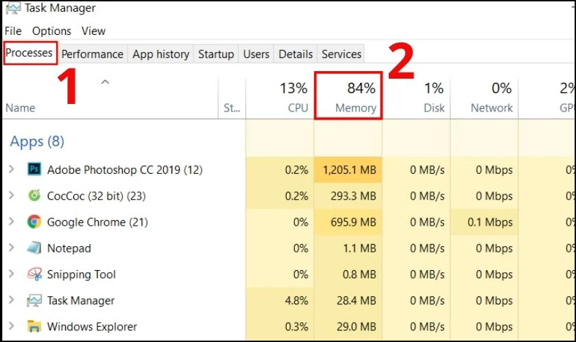 Nhấn vào cột Memory