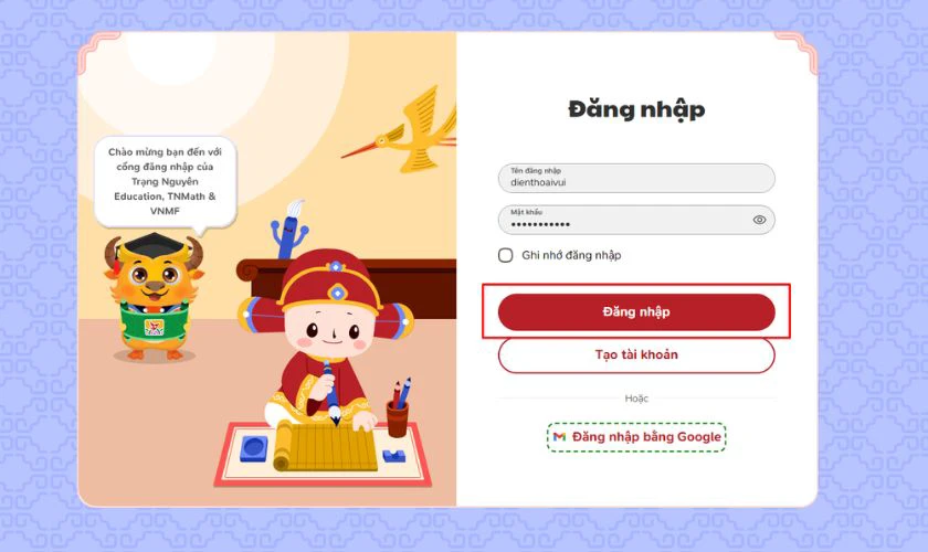 Chọn Đăng nhập để đăng nhập trangnguyen.edu.vn
