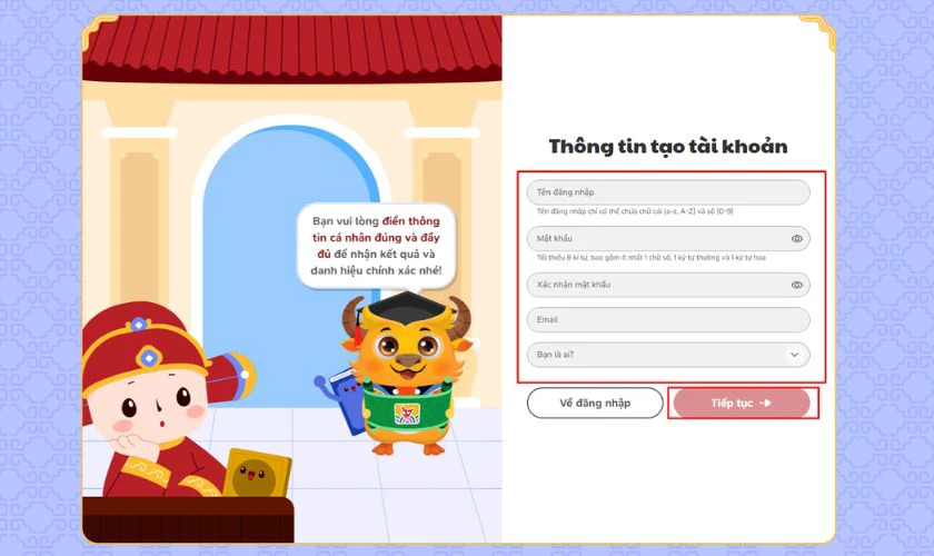 Điền đầy đủ thông tin cá nhân: Họ tên, ngày sinh, tên đăng nhập, mật khẩu