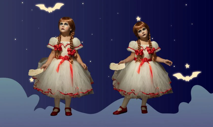Trang phục Halloween tự làm cho bé cosplay búp bê Annabelle