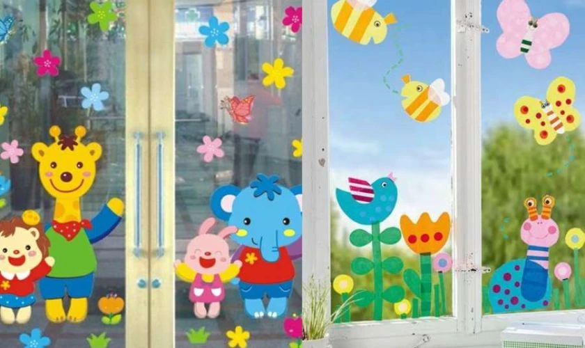 Cửa lớp học rực rỡ với sticker và biểu ngữ ngày 1/6