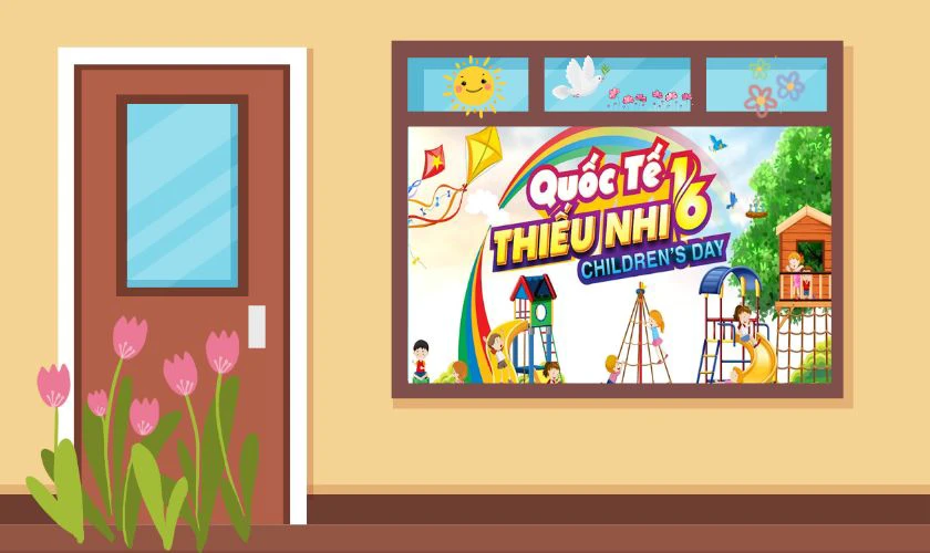 Trang trí cửa lớp mầm non với các nhân vật hoạt hình đáng yêu