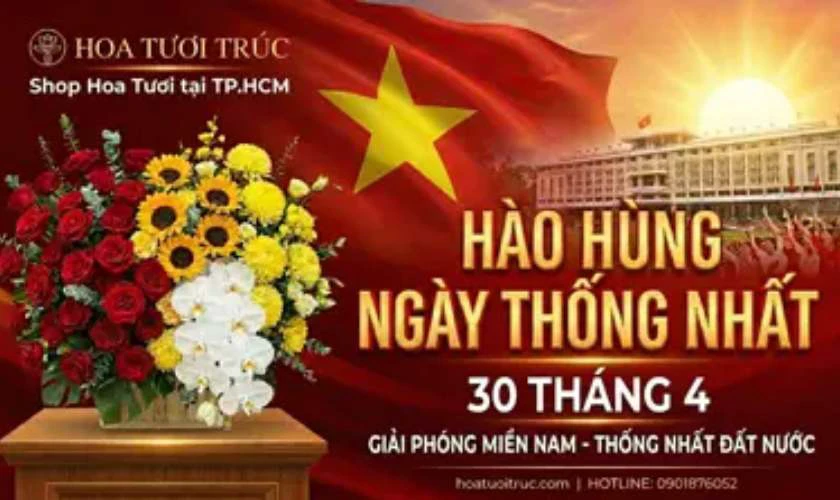 Không gian trang trí 30/4 1/5 với hoa tươi và cờ đỏ sao vàng