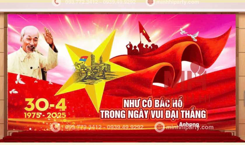 Trang trí 30/4 1/5 với phông nền backdrop đỏ vàng nổi bật