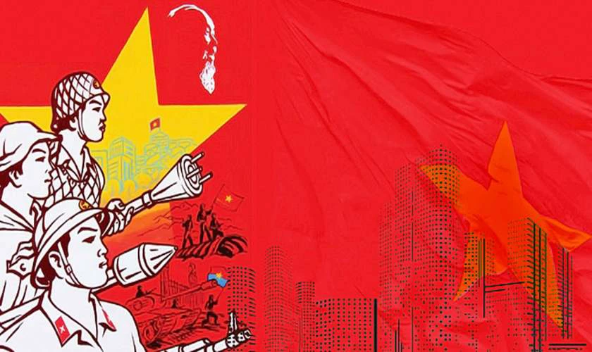 Khu vực check-in trang trí 30/4 1/5 với phông nền backdrop ấn tượng