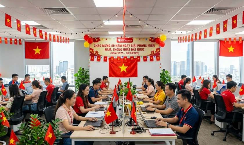 Mẫu decor tại văn phòng làm việc với cờ đỏ sao vàng nổi bật