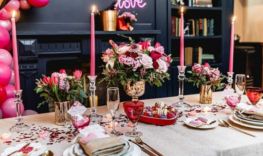 Trang trí bàn tiệc Valentine với bó hoa lớn