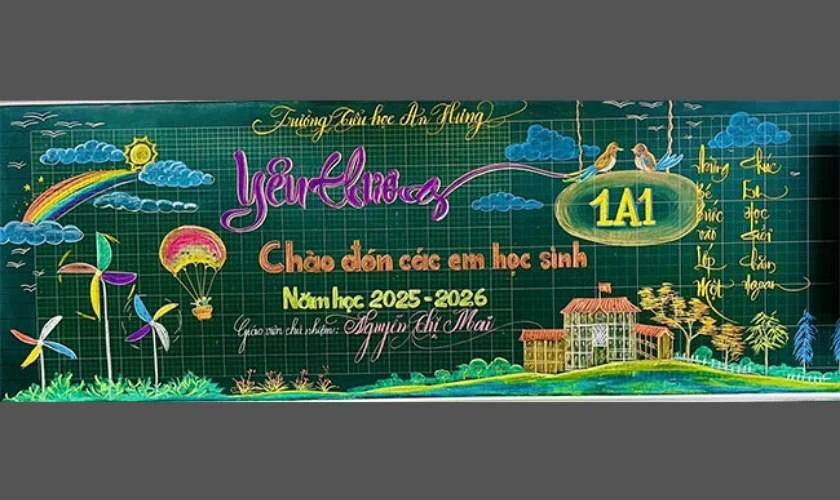 Bảng khai giảng 2025 chủ đề trường lớp, màu sắc