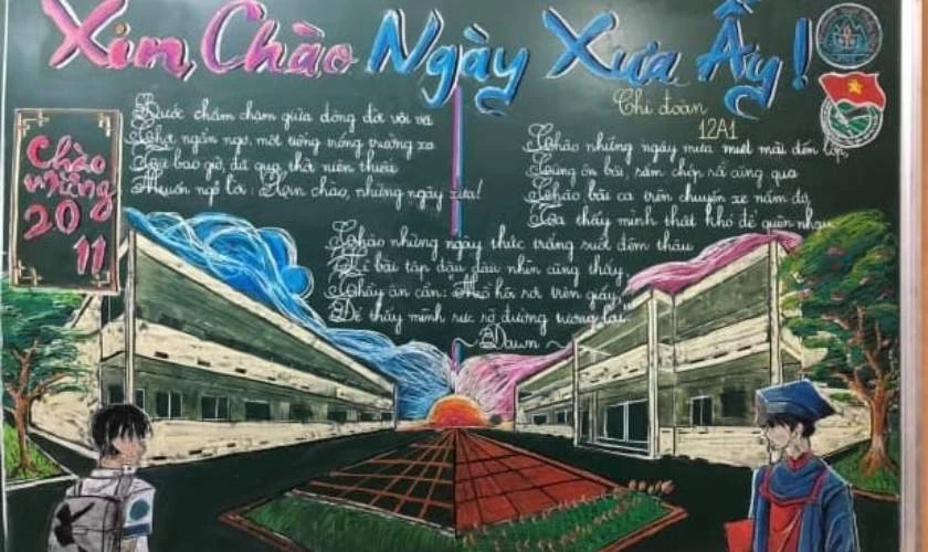 Mẫu trang trí bảng khai giảng được vẽ bởi học sinh