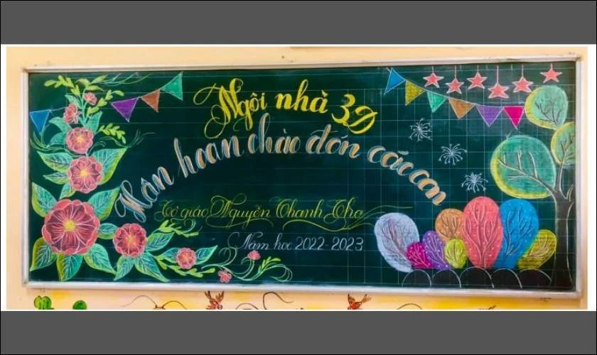 Vẽ bảng khai giảng có hình ảnh bông hoa ấn tượng