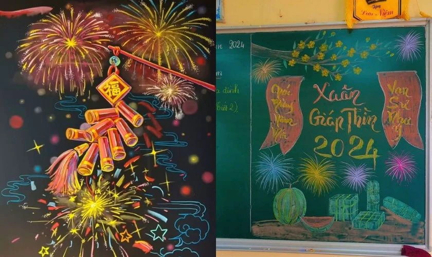 Mẫu trang trí bảng Tết 2026 với câu đối đỏ