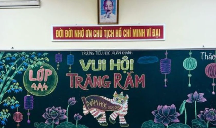 Mẫu trang trí bảng Trung thu với hình vẽ múa lân