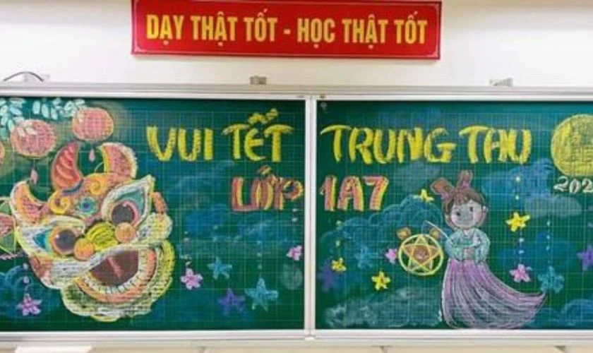 Mẫu trang trí bảng Trung thu với hình vẽ múa lân đẹp mắt