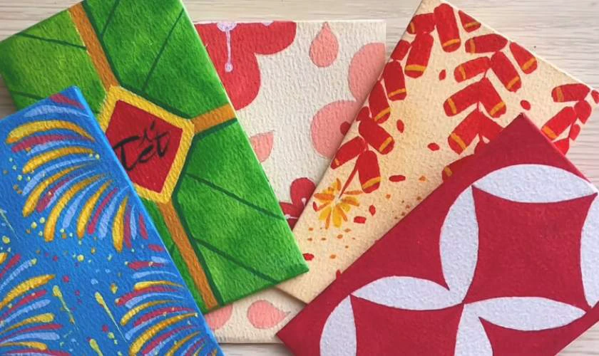 Trang trí bao lì xì Tết 2026 hoạ tiết bánh chưng ấn tượng