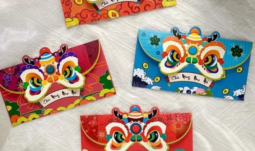 Trang trí bao lì xì Tết 2026 hoạ tiết con lân