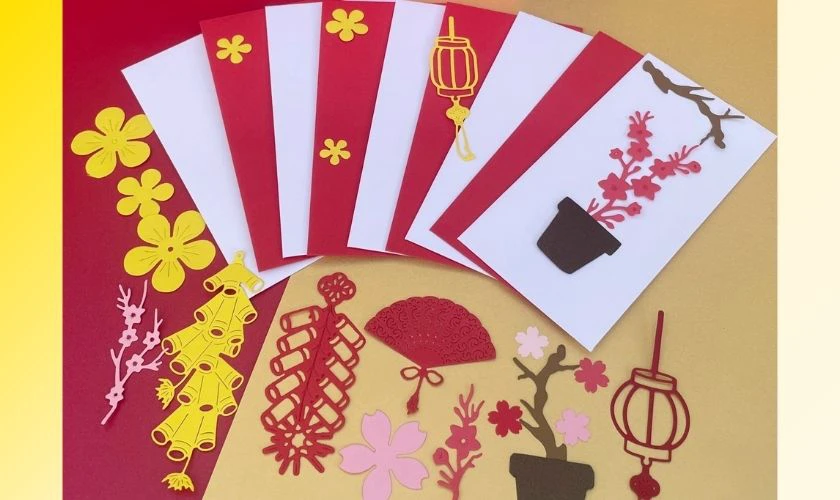 Trang trí bao lì xì Tết 2026 hoạ tiết hoa đào