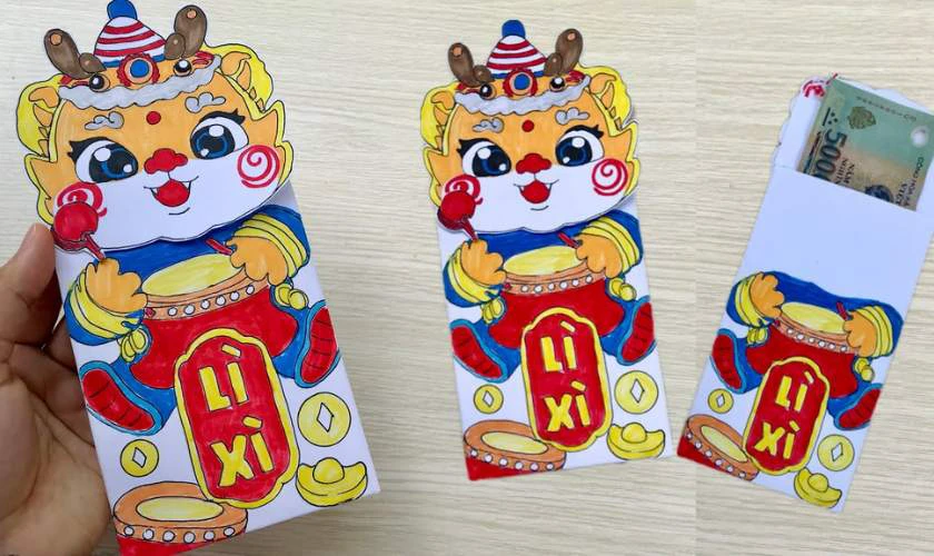 Trang trí bao lì xì Tết 2026 hoạ tiết con lân dễ thương