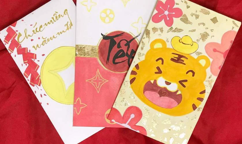 Trang trí bao lì xì Tết 2026 hoạ tiết chữ thư pháp